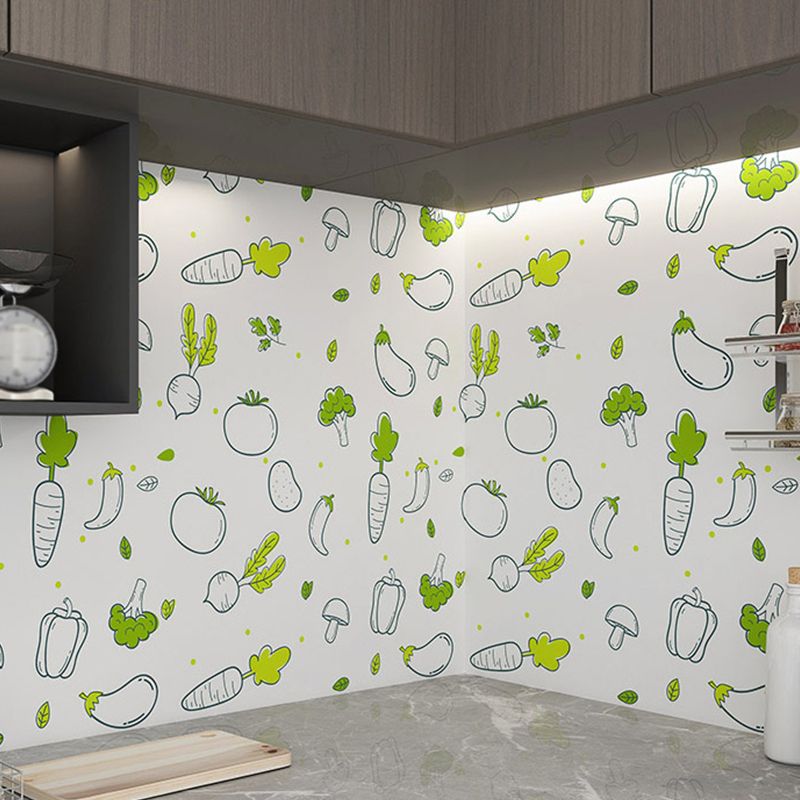 Green Vegetable Wallpaper Roll Peel and Paste Cartoon Kitchen Backsplash Wall Covering