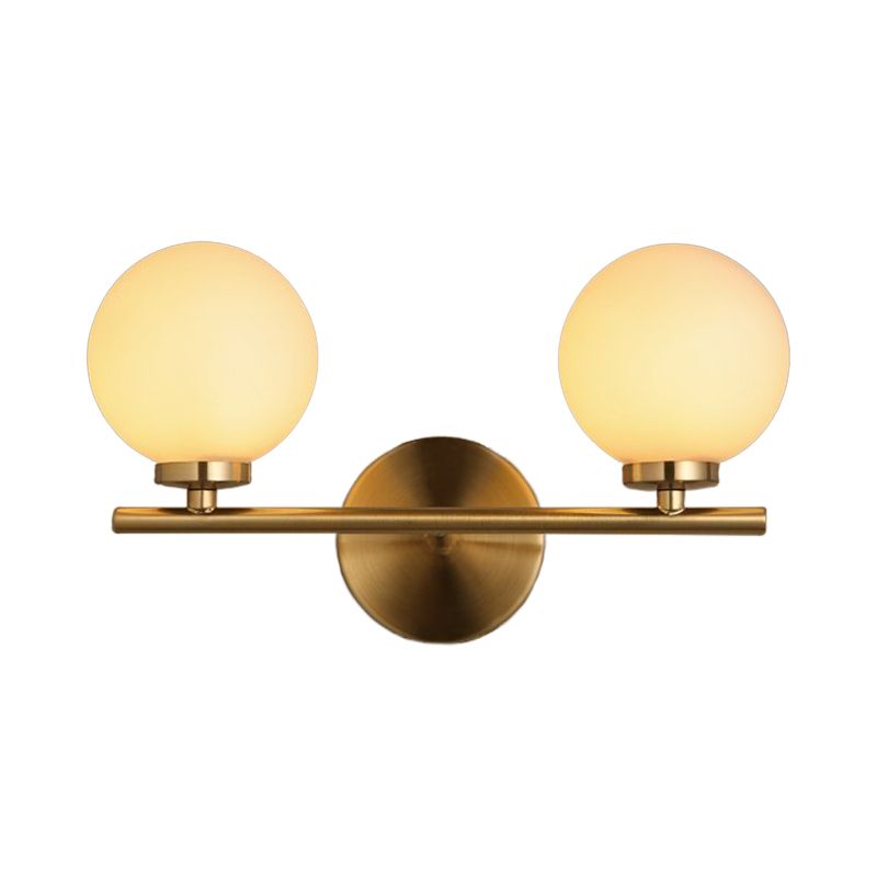 2 Bulbs Bedside Wall Lamp Modern Gold Sconce Light Fixture with Ball Milky Glass Shade