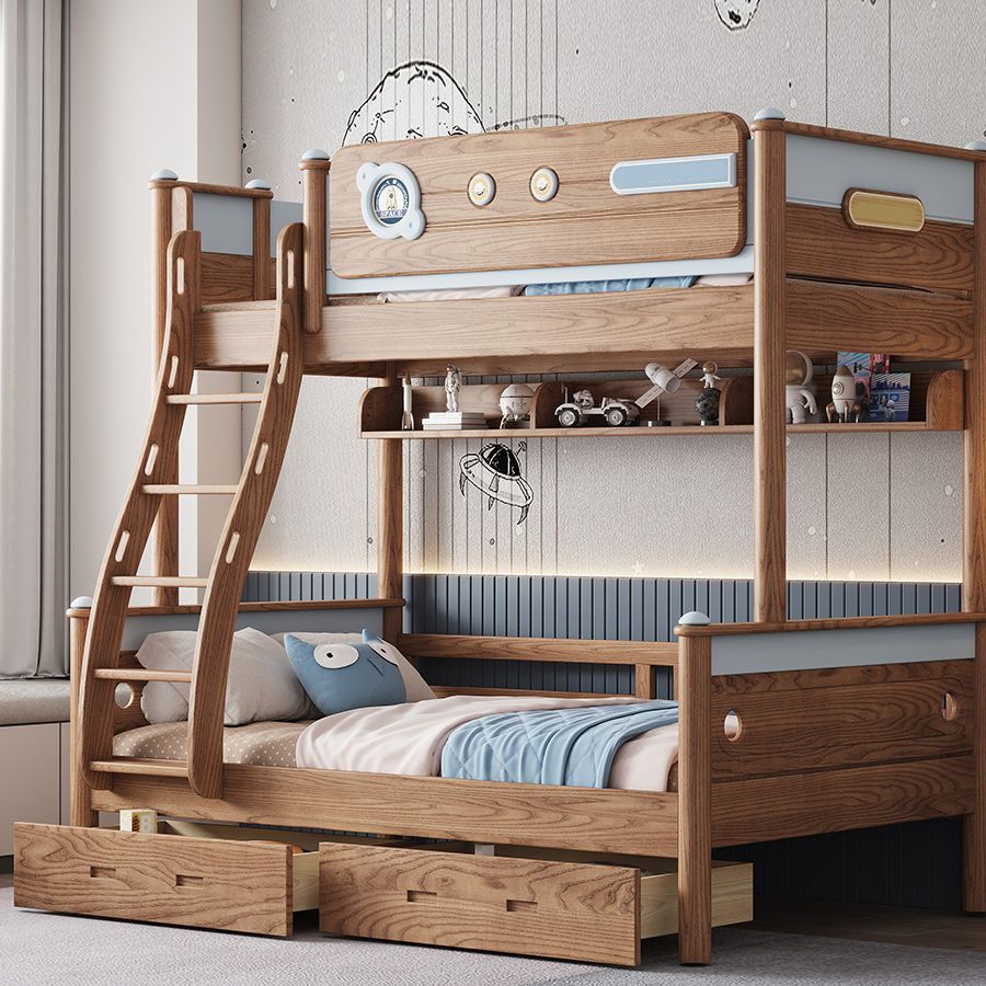 Brown Scandinavian Bunk Bed Solid Wood Standard Bunk Bed with Guardrail