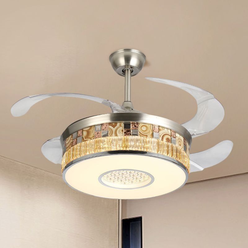 19 "W LED LAD SEMI Flush Mount Minimalismus Nickel 4 Klingen Hängende Lüfterlampe mit Trommelkristallschatten