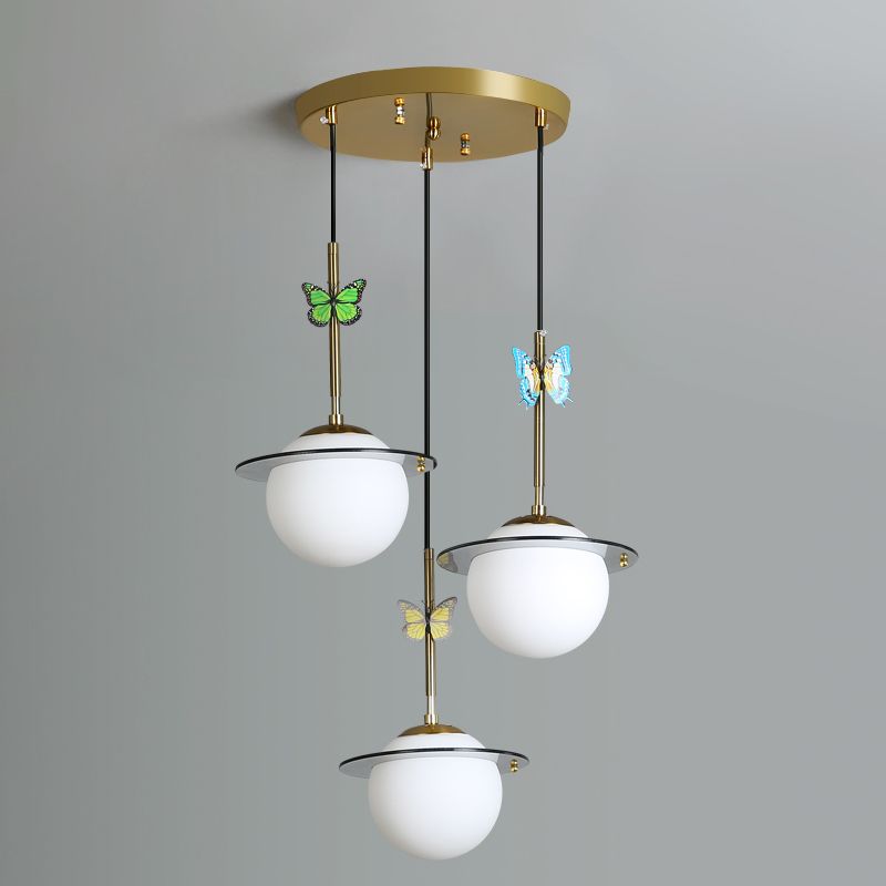 Opal Glass Global Hanging Light Cartoon 3-Bulb Wit/Duidelijke/rokerige hangersverlichting met ronde/lineaire luifel en Dragonfly Deco