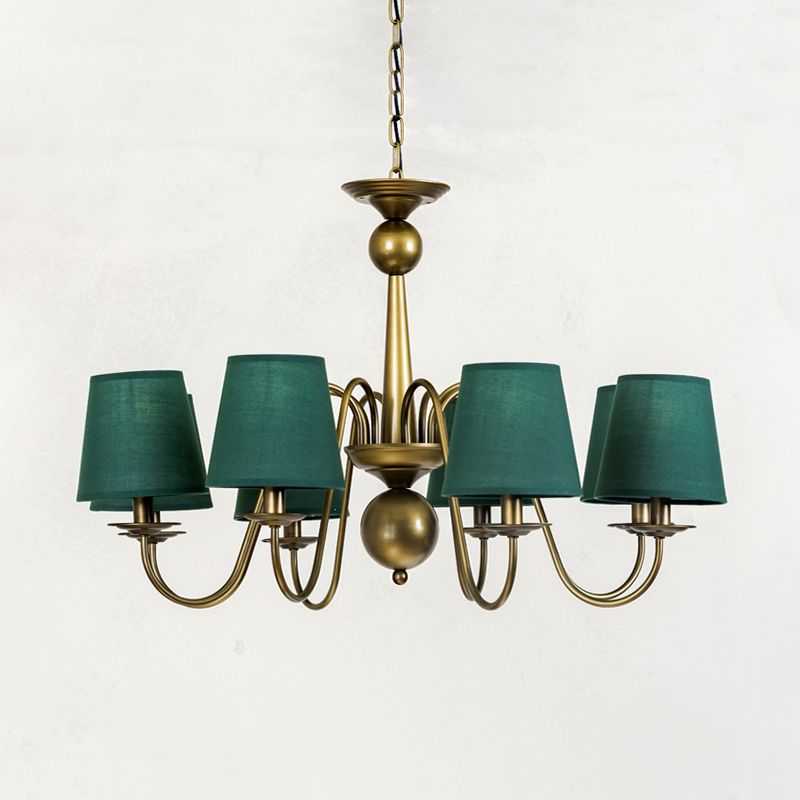 8-Bulb Tapered Chandelier Light Fixture Country Coffee/Yellow/Dark Green Fabric Down Lighting with Swooping Arm