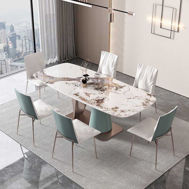 Glam Rectangle Dining Table Sintered Stone Table with Metal Base for Kitchen