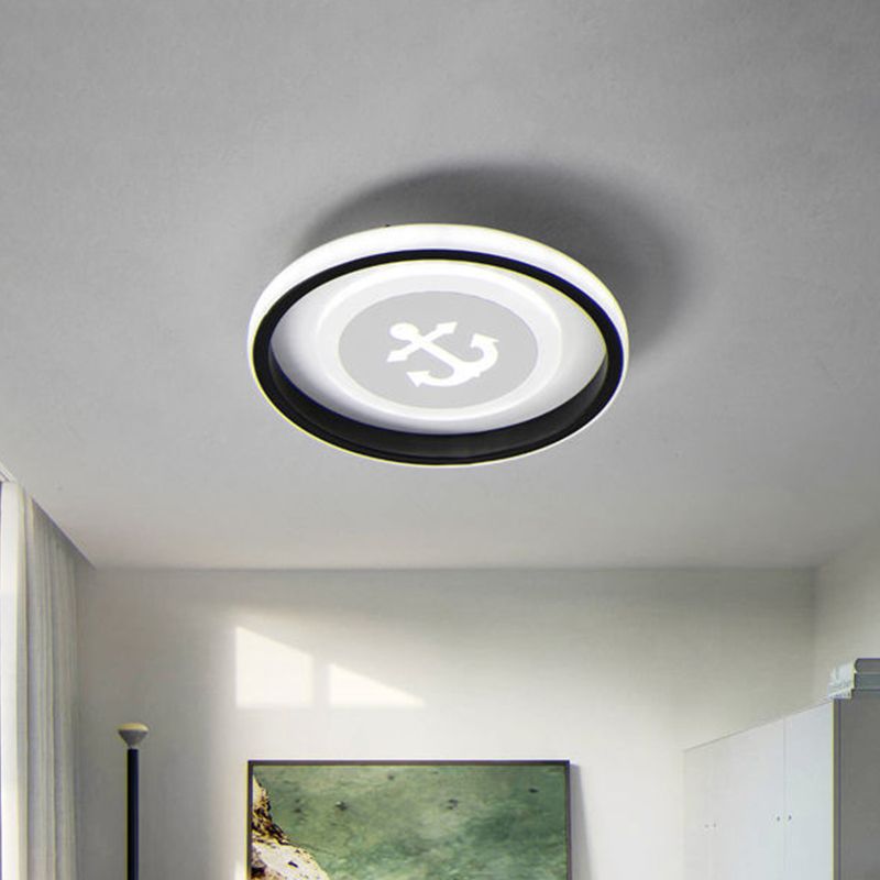 Circular LED Flush Light Fixture Cartoon Acrylic Black Ceiling Mount Lamp with Smile/Anchor/Panda Pattern