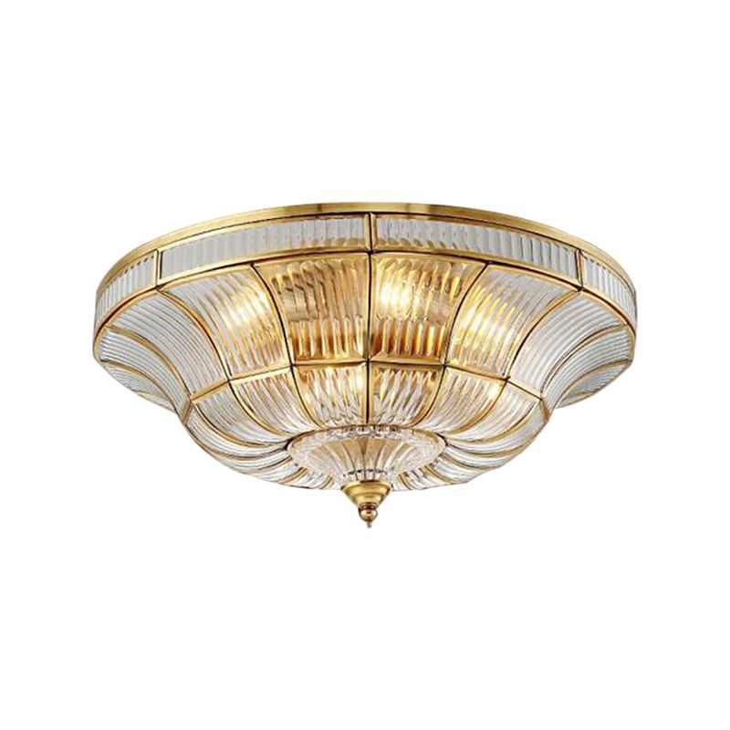 Simplistic Dome Flushmount Lighting 3/6 Heads Clear Ribbed Glass Ceiling Flush Mount in Brass for Living Room, 15"/21" Wide