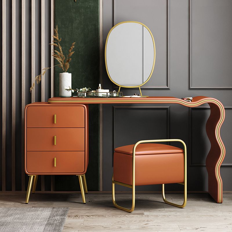 Genuine Leather Vanity Table Set Glam 30. 7" H Makeup Dressing Table with 3 Drawers