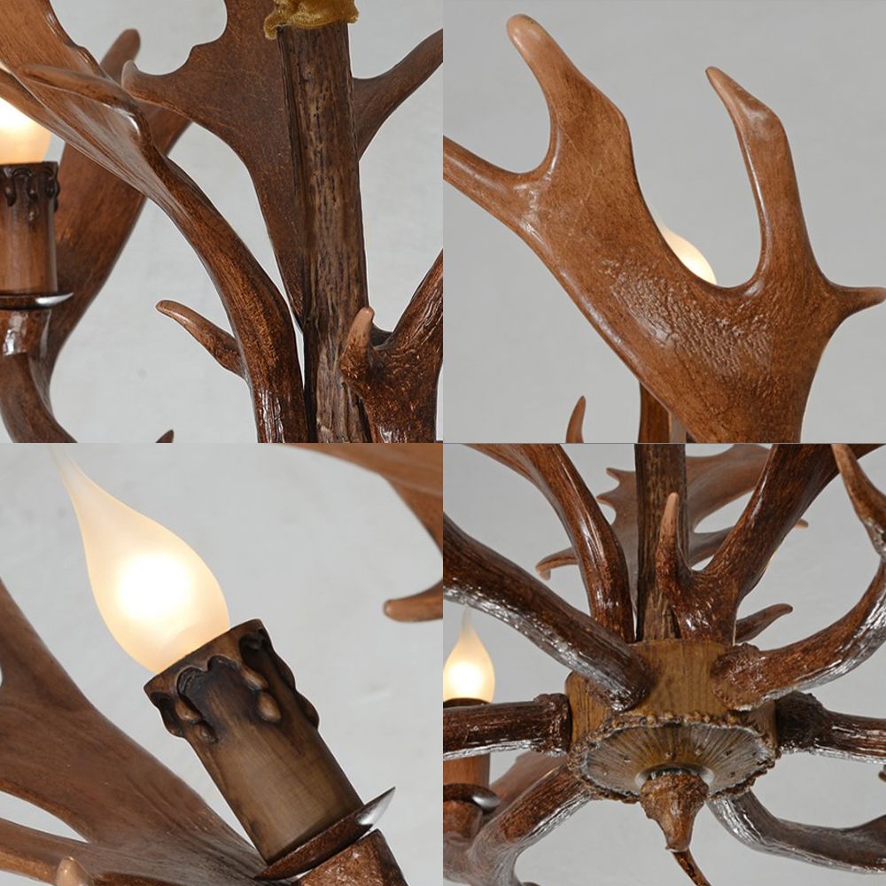 Candle Shape Bedroom Hanging Lamp Traditional Resin 6-Bulb Brown Chandelier Pendant Light with Antler