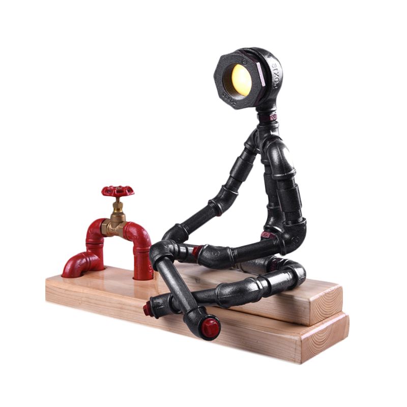 Lámpara de mesa LED Industrial con patas cruzadas de hierro para dormitorio, lámpara de noche en negro con válvula decorativa y base de madera rectangular