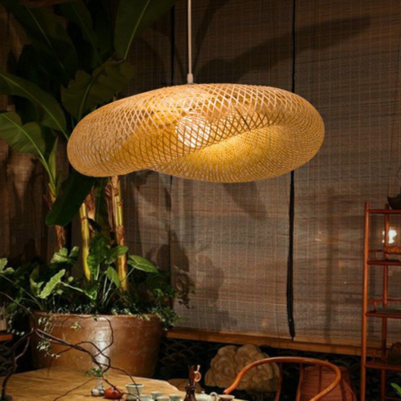 Beige Geometric Hanging Pendant Light Asia 1-Light Bamboo Suspension Lighting Fixture