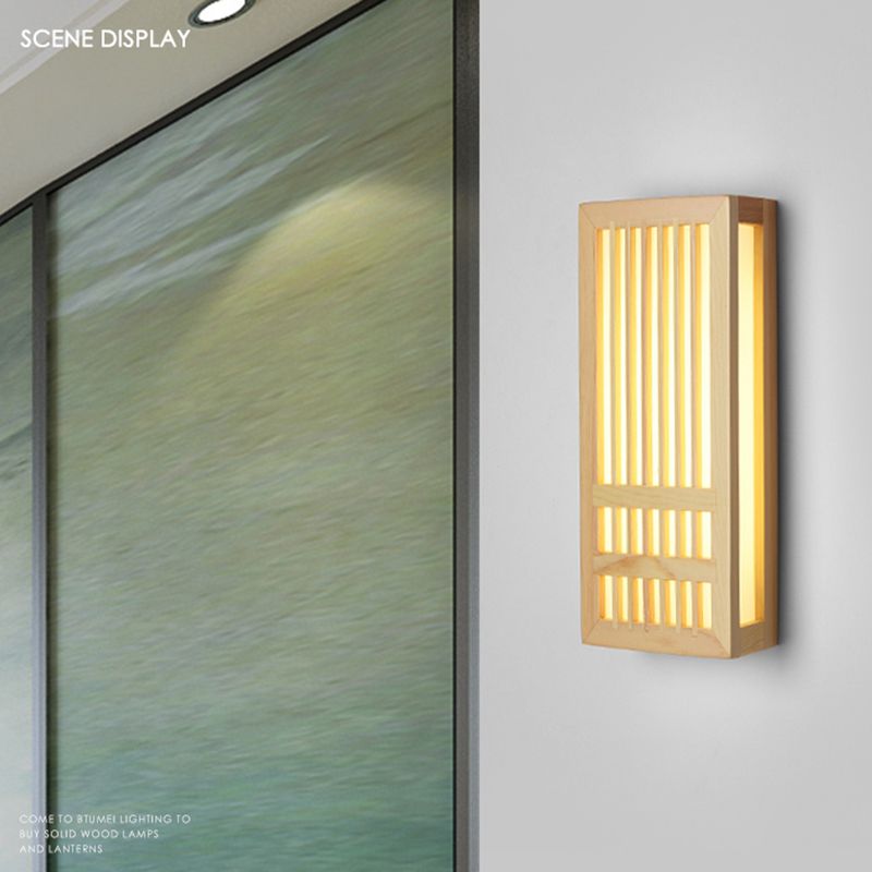 Japanese Style Wood Wall Light Cuboid LED Wall Sconce in Yellow for Bedroom