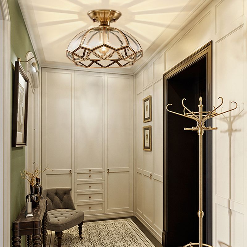 Shaded Aisle Semi Mount Lighting Vintage-Style Glass Brass Ceiling Mounted Light