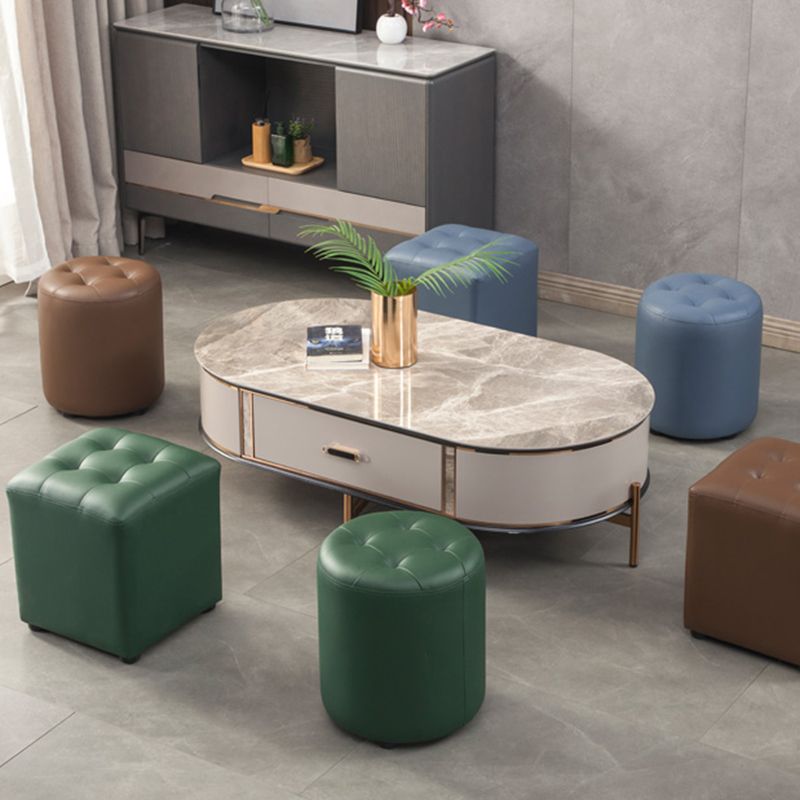 Modern Round Ottoman Solid Color Genuine Leather Tufted Pouf Ottoman