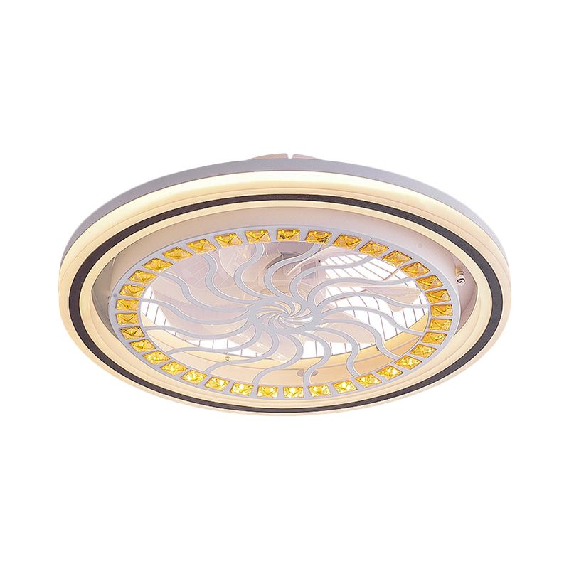 21.5' W LED Crystal Blocks Hanging Fan Lamp Contemporary White Round Dinning Room Semi Flush Light with 7 Blades