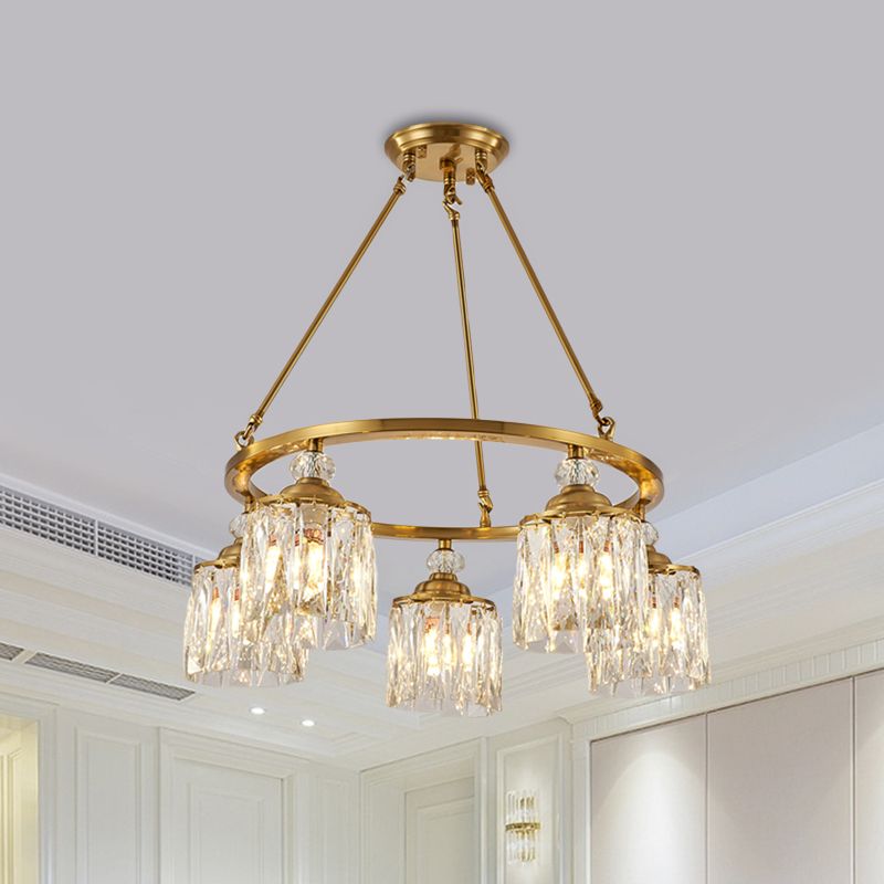 Postmoderne cirkel hangende kroonluchter 5 bollen gesneden kristalcilinder plafond hanglamp in goud