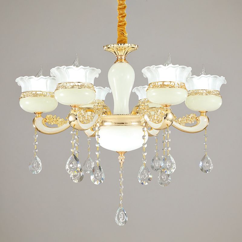 6 hoofden kroonluchter verlichting moderne slaapkamer plafond hanger met ruche-edge pot witte glazen schaduw in goud