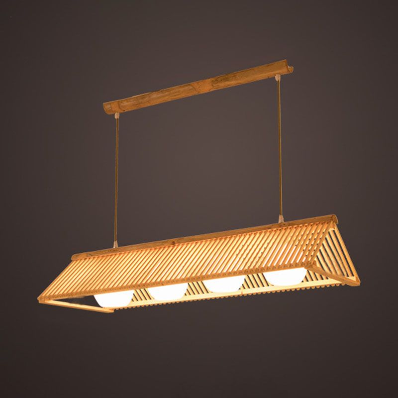 Wood Triangular Prism Pendant Lamp Modern Bamboo Island Ceiling Light with Ball Cream Glass Shade