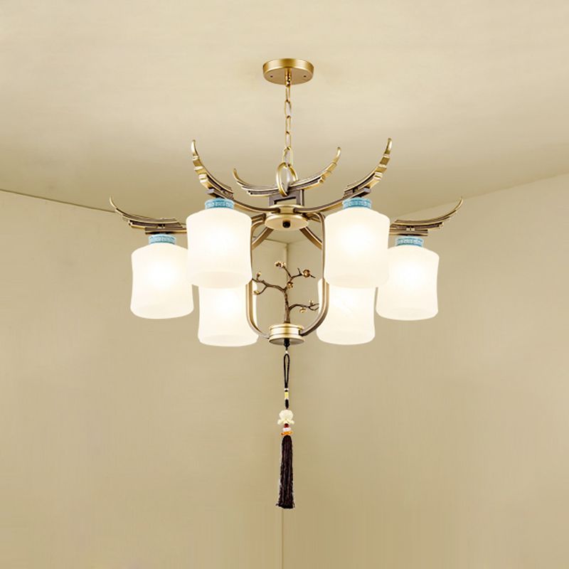 Cylinder Living Room Hanging Chandelier Traditional Style Metal 6/8/10 Lights Brass Ceiling Light with Frosted Glass Shade