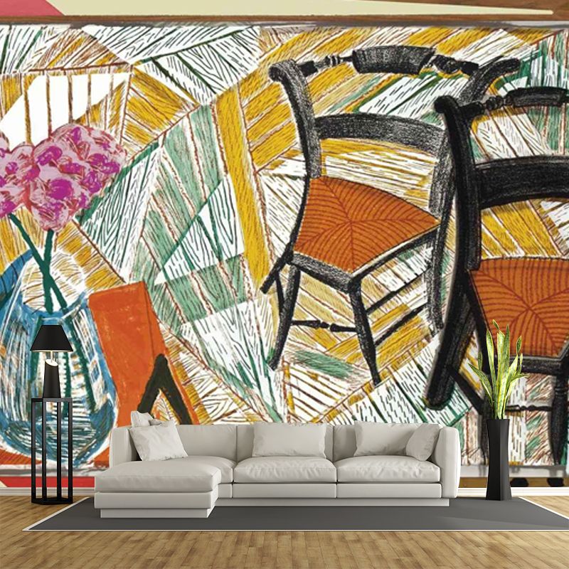 Flower and Two Chairs Murals in Orange-Yellow Art Deco Wall Covering for Living Room