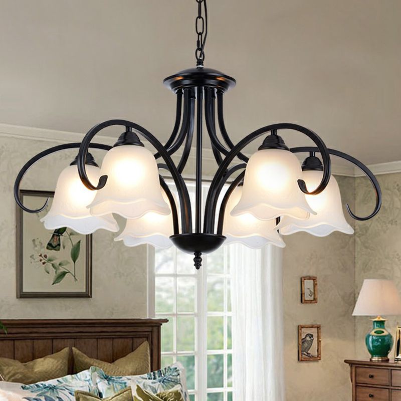 Frosted White Glass Floral Chandelier Country Style Bedroom Ceiling Suspension Lamp in Black