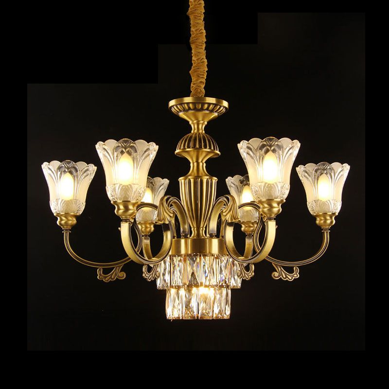 Mid-Century Floral Shade Pendant Chandelier 9-Head Prismatic Optical Crystal Pendulum Light in Brass