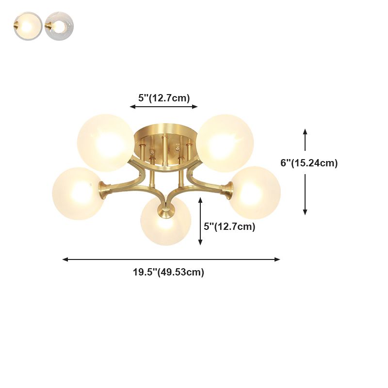 Sphere Bedroom Semi Flush Mount Light Glass Nordic Style Ceiling Light in Gold