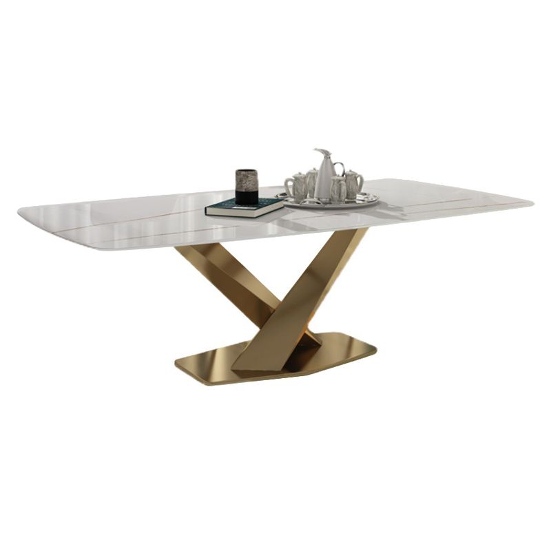 Mesa de comedor rectangular de lujo tradicional mesa de piedra sinterizada blanca con base de pedestal
