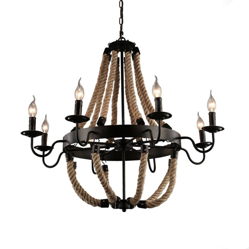 Loft Style Candelabrum Chandelier 8 Bulbs Hemp Rope Hanging Lamp in Black for Living Room