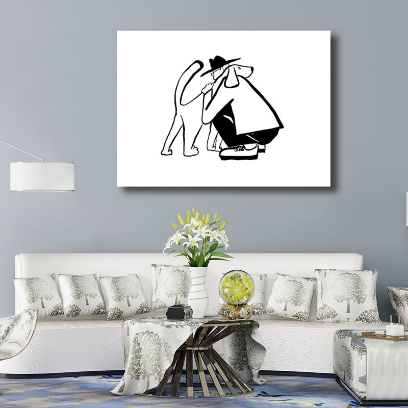 Pencil Figure Wall Art Decor Simple Comic Man Hug His Dog Canvas Print in Black and White