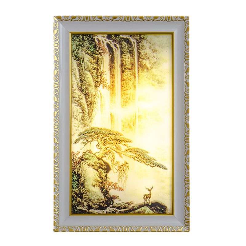 Chinese Rectangle Acrylic Wall Mural Light LED Wall Lighting in Gold with Pine Tree and Waterfall Pattern