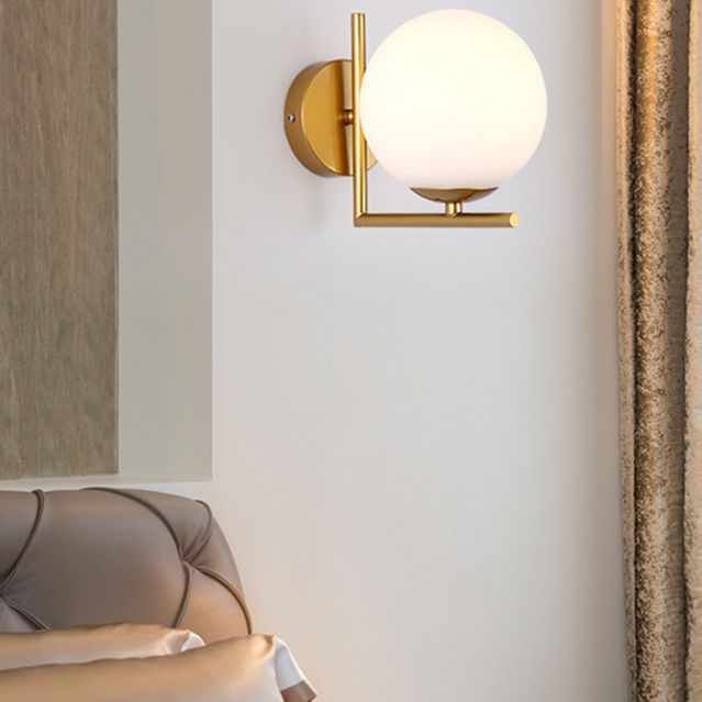 Modern Concise Globe Wall Sconce Wrought Iron Wall Lamp with White Glass Shade