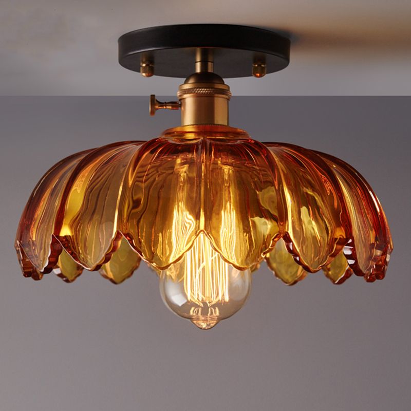 White/Amber One Light Ceiling Mount Industrial Prismatic Glass Scalloped Semi Flush Light