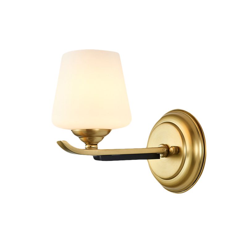 1/2-Head Up Sconce Lighting Traditional Indoor Wall Mounted Lamp with Cone Opal Glass Shade in Brass