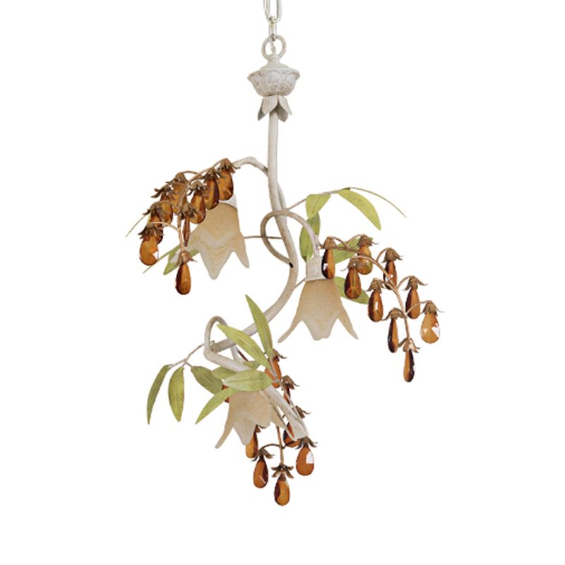 Floral Shape White Glass Chandelier Light Rustic 3 Lights Dining Room Hanging Light with Black/White Arm