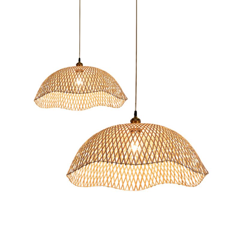 Scalloped Dining Room Drop Lamp Bamboo 1 Bulb Asian Style Pendant Lighting Fixture