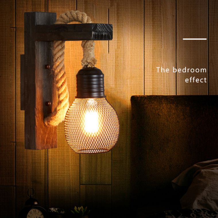 Aplique de pared industrial vintage 1 luz de aplique de cuerda natural para bar cafetería
