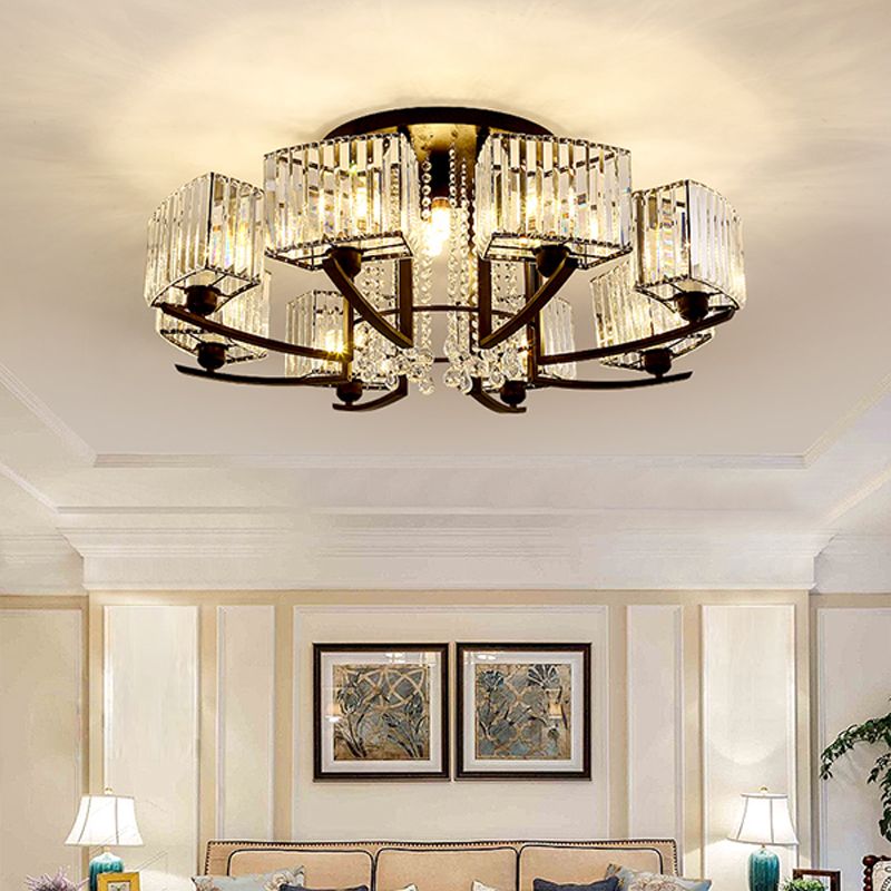 Round Living Room Ceiling Lamp Retro Crystal Block Black Semi Flush Mount Lighting