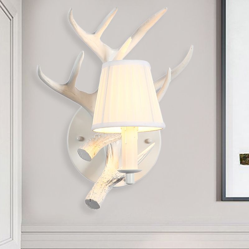 1 Light Resin Wall Lamp Rustic White Cone Dining Room Sconce Light Fixture with Elk Backplate
