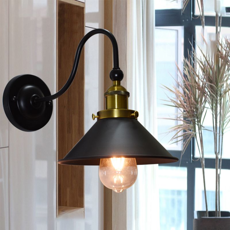 Black One Light Sconce Light Industrial Metal Cone Wall Lighting Fixture for Corridor
