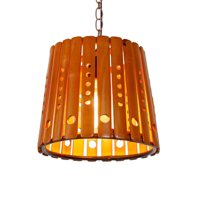 Barrel Pendant Light Fixture Modern Wood 1 Light Dining Room Hanging Light in Brown
