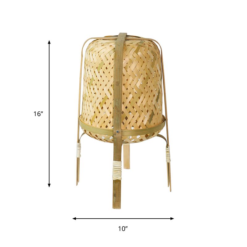 Beige Hand-Woven Table Light Asian Style 1 Bulb Bamboo Rattan Night Lamp for Bedside