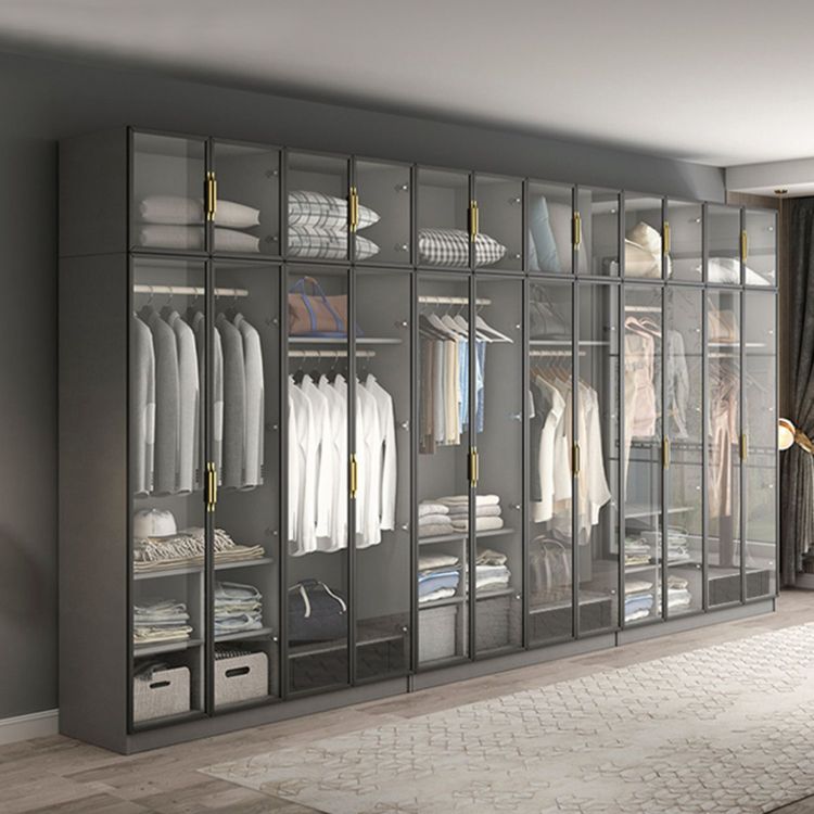 Contemporary Style Glass Wardrobe Grey Colour Wardrobe Closet
