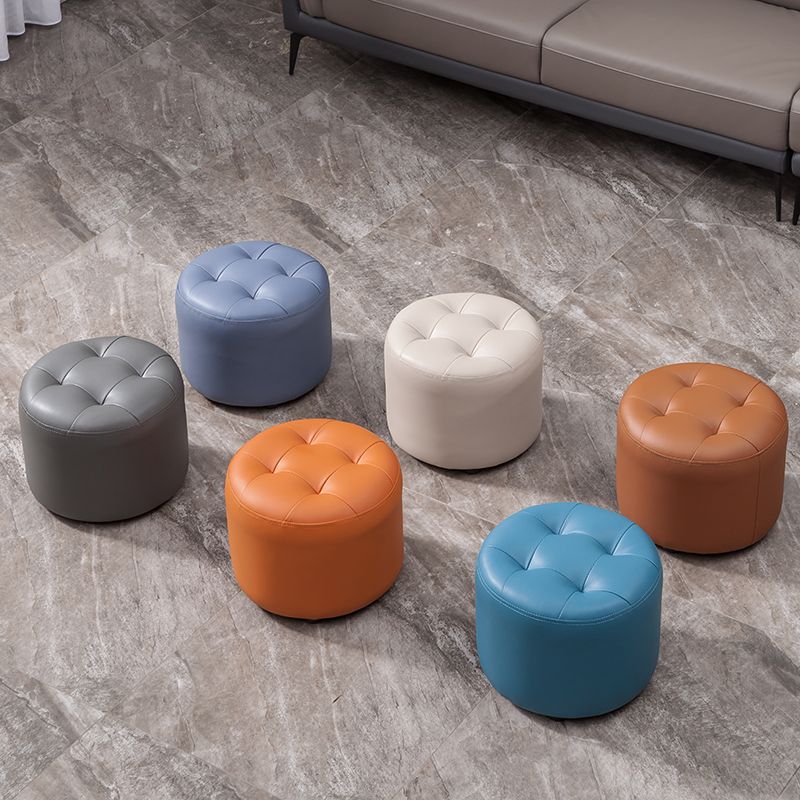Modern Genuine Leather Ottoman Plain Tufted Detail Round Footstool Ottoman