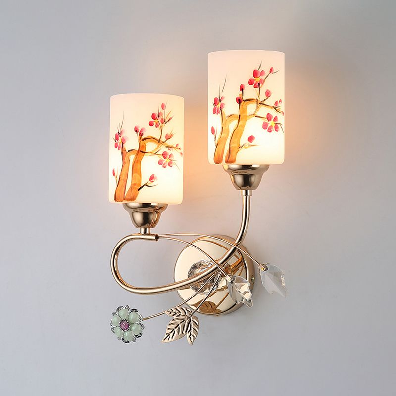 Hand-Paint Glass Cylindrical Wall Lamp Modern 2 Lights Gold Sconce Light