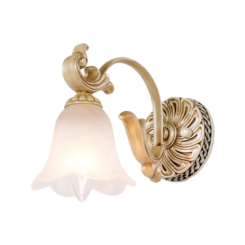 1/2/3-Head Flower Vanity Light Fixture Colonial Style Gold Opal Glass Wall Mounted Lamp for Bathroom