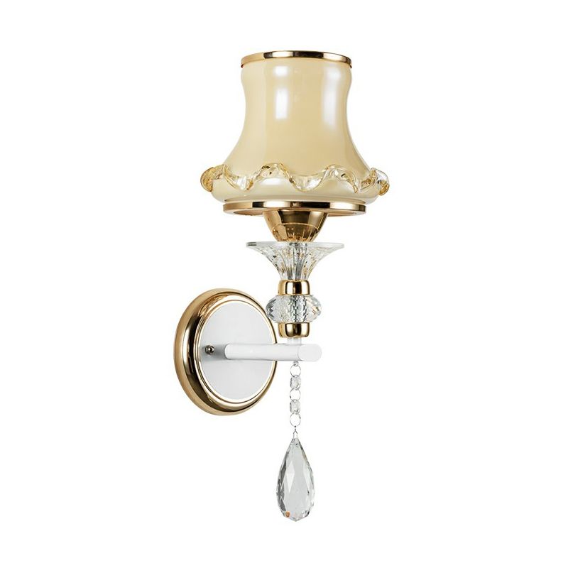 Flared Living Room Wall Light Vintage Frosted Glass Champagne Wall Sconce with Crystal Accents