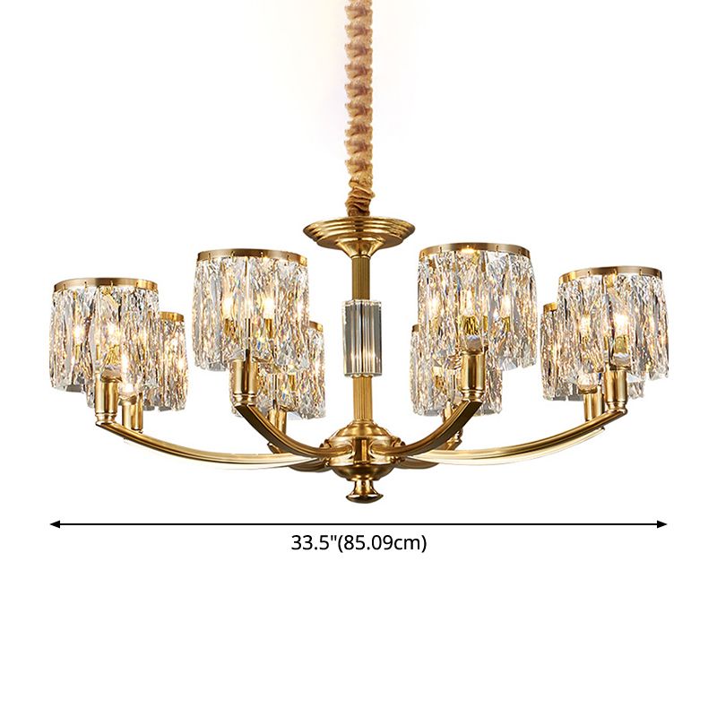 Brass Arced Arm Hanging Lamp Modern Metal Chandelier with Prismatic Crystal Shade
