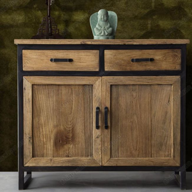 Industrial Distressed Wood Accent Cabinet with Drawers in Solid Wood