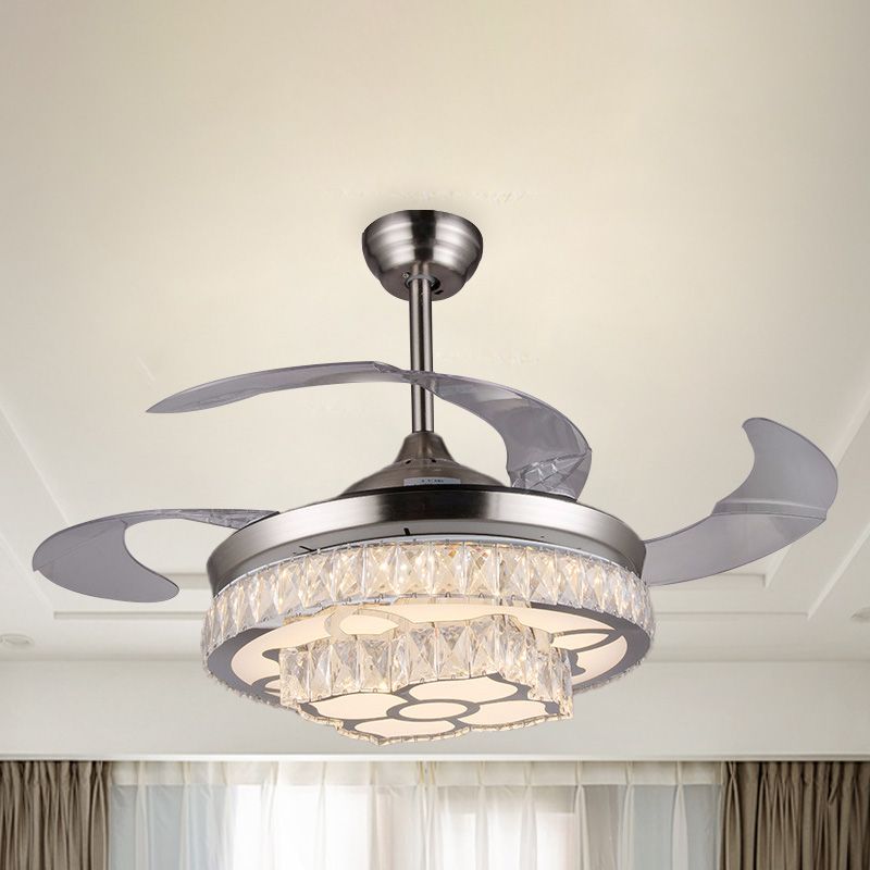 Moderne bloemen LED-plafondventilator 42,5 "breed 3-blade kristal ingelegde semi-flush mount lamp in nikkel in nikkel