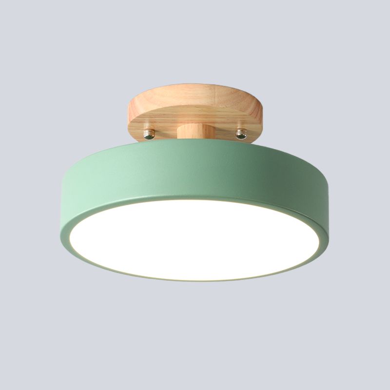 Iron Drum Flushmount Nordic White/Green/Grey Finish LED Semi Close to Ceiling Light with Wood Canopy for Corridor