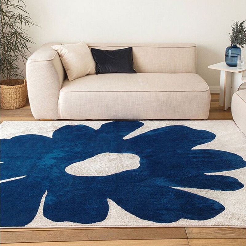Dark Blue Flower Carpet Polyester Simple Carpet Washable Carpet for Drawing Room